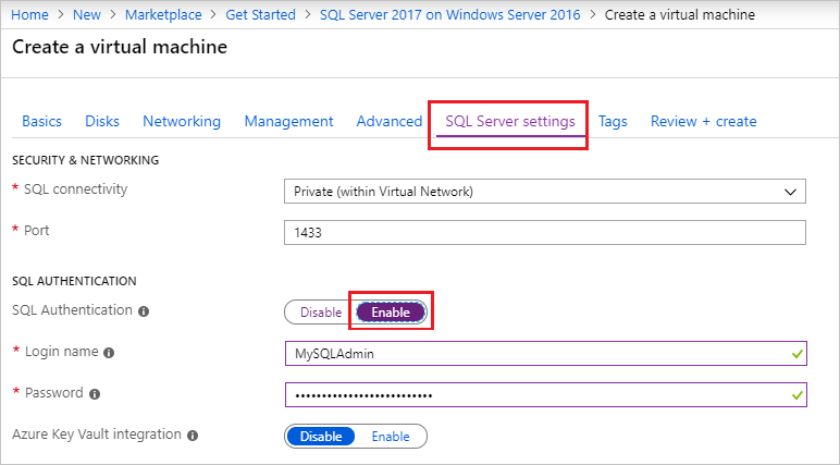 顯示佈建期間公用 SQL 連線選項的螢幕擷取畫面。