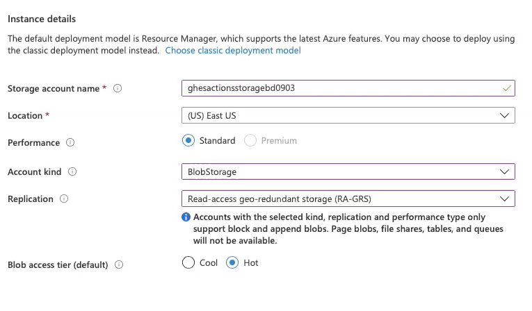 此螢幕快照顯示要輸入以布建 Azure Blob 儲存體 帳戶的實例詳細數據。