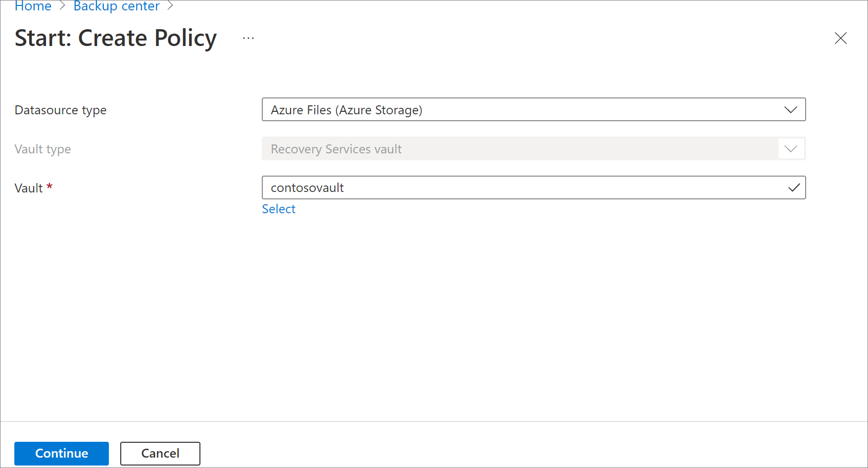 此螢幕擷取畫面顯示選取 [Azure 檔案共用] 作為原則類型。