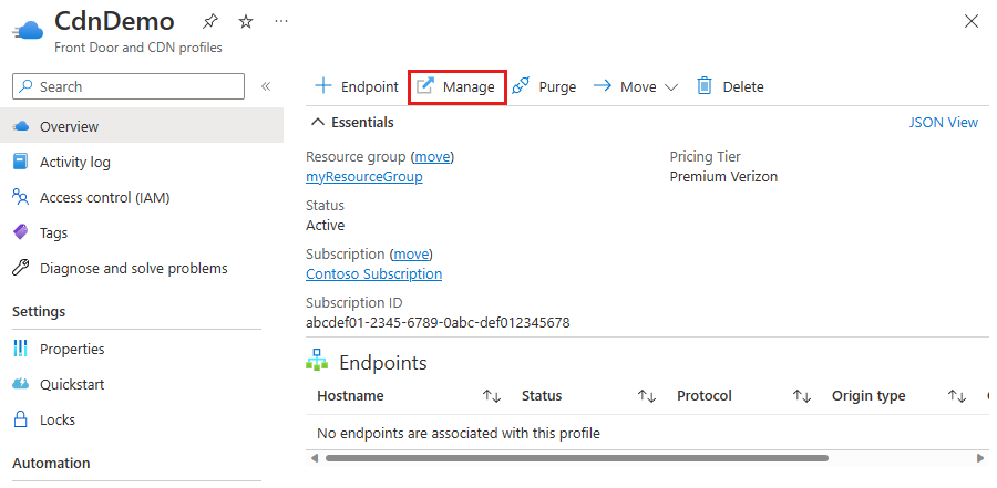 Azure CDN Edgio 進階版 配置檔中管理按鈕的螢幕快照。