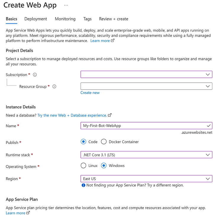 Screenshot that shows details to set to create a web app deployment.