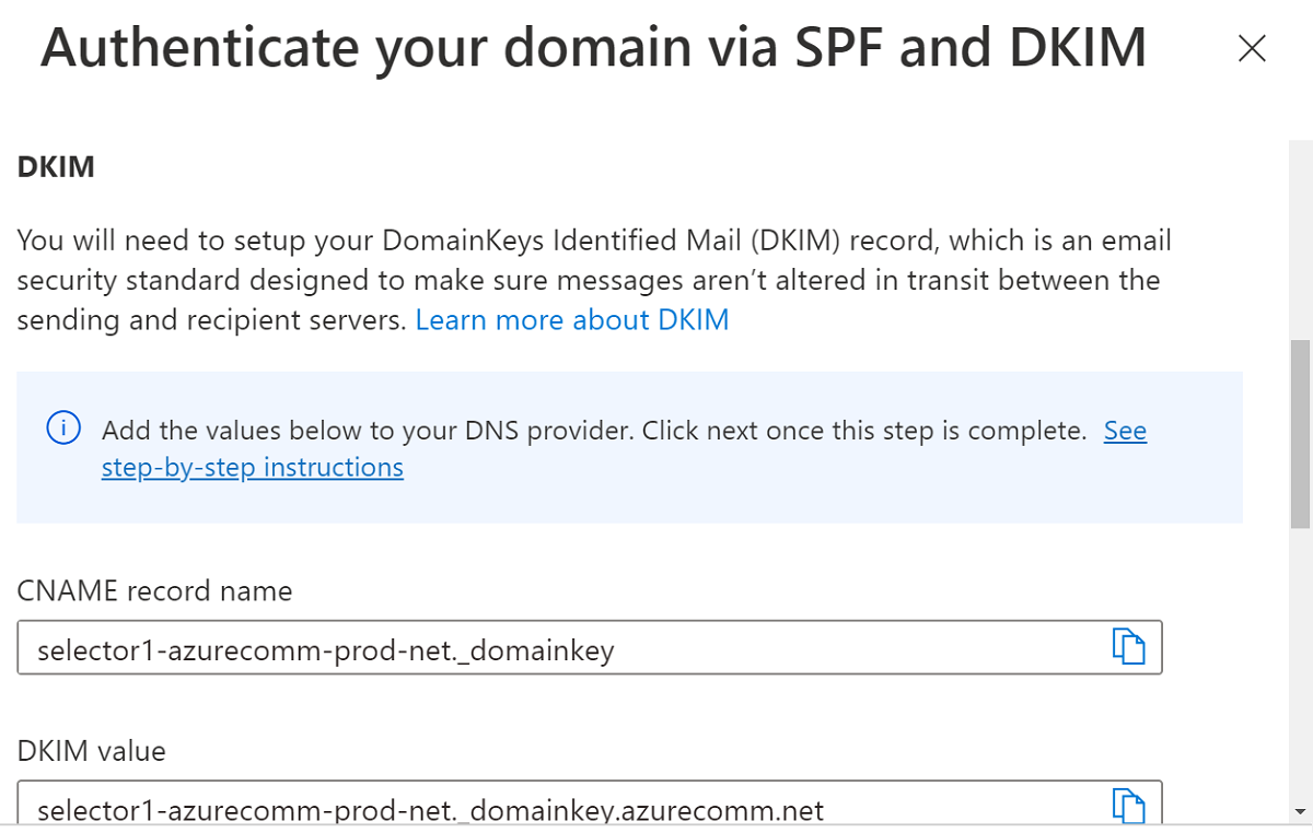 此螢幕快照顯示您需要為 D K I M 新增的 D N S 記錄。