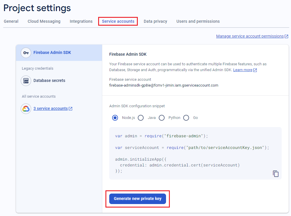 如何在 Firebase 控制台中為 FMC v1 產生新私鑰的螢幕快照。