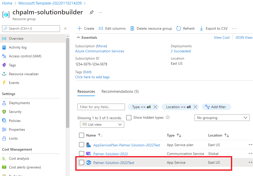 Azure 入口網站中產生的 Azure 資源的螢幕擷取畫面。