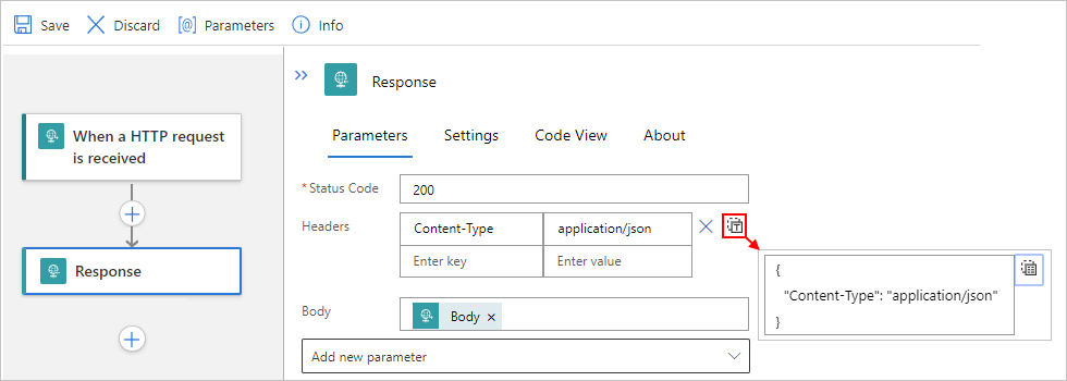 顯示 Azure 入口網站、標準工作流程，以及 [切換至文字] 檢視畫面的回應動作標頭的螢幕擷取畫面。