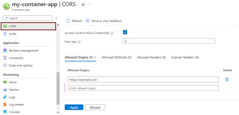 顯示如何在 Azure 入口網站 中啟用CORS的螢幕快照。