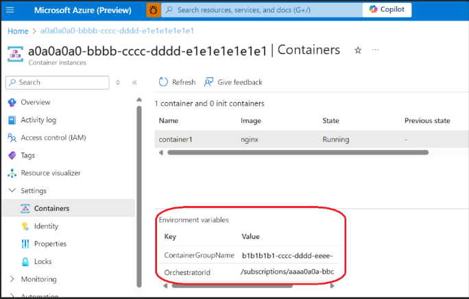 Azure 入口網站 上容器資源的螢幕快照，其中顯示包含 『ContainerGroupName』 和 『OrchestratorId』 屬性的環境變數。