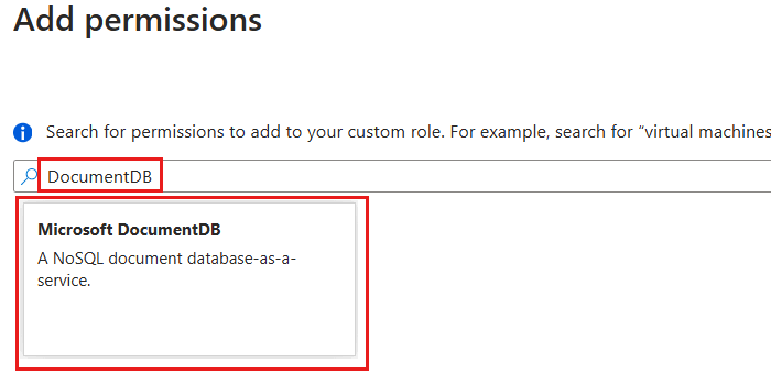 [新增許可權] 對話框的螢幕快照，該對話框已篩選為與 'DocumentDB' 相關的許可權，以新增自定義角色。