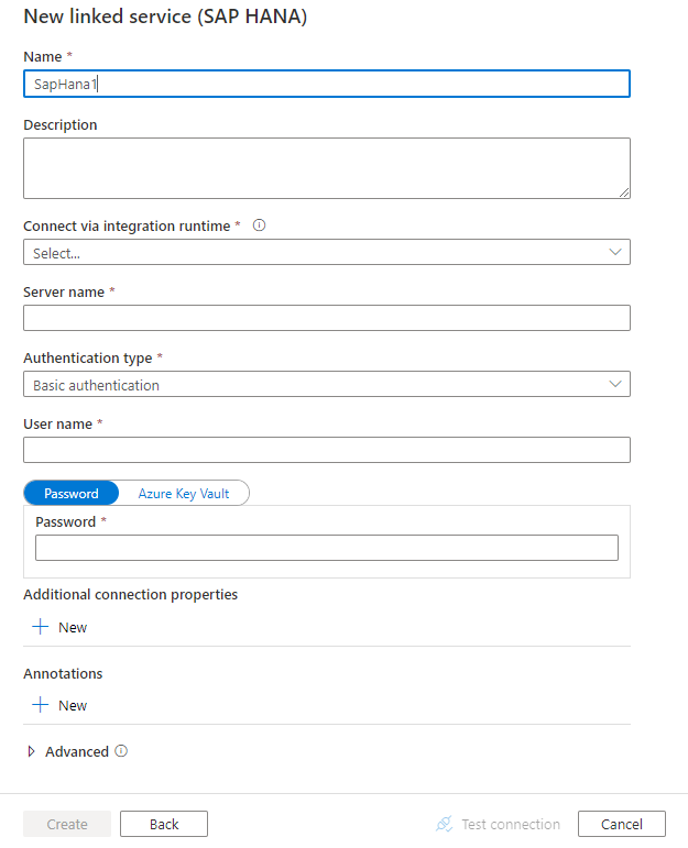 SAP HANA 的連結服務設定的螢幕擷取畫面。