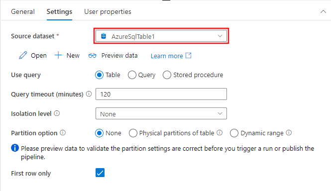 為 Azure SQL 資料表資料集顯示 [查閱] 活動中的設定選項。