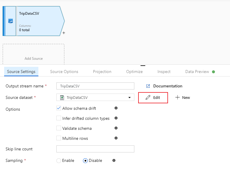 Azure 入口網站的螢幕擷取畫面，顯示資料流程選項中的 [編輯來源資料集] 按鈕。