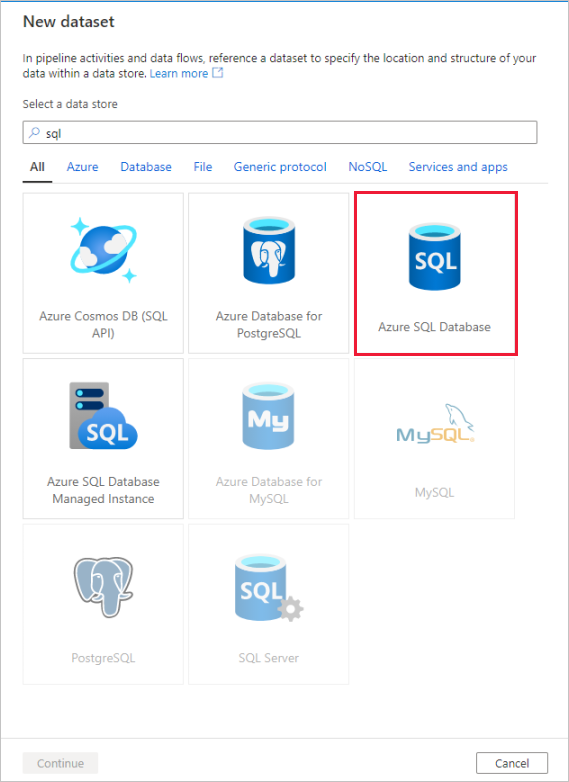 在 Azure 入口網站中將新的 Azure SQL Database 資料集新增至資料流程的螢幕擷取畫面。