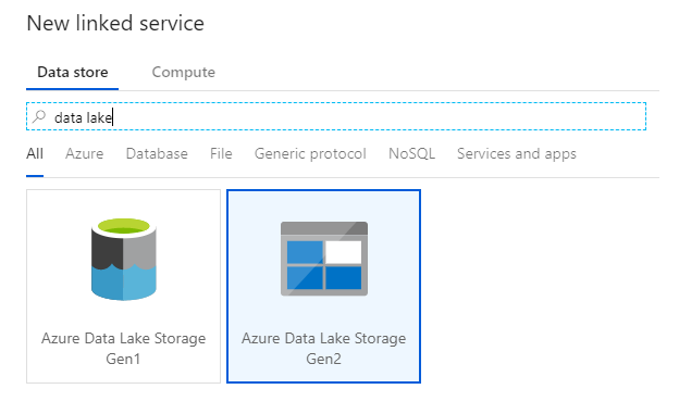 在 Azure 入口網站中建立新的 ADLS Gen2 連結服務的螢幕擷取畫面。