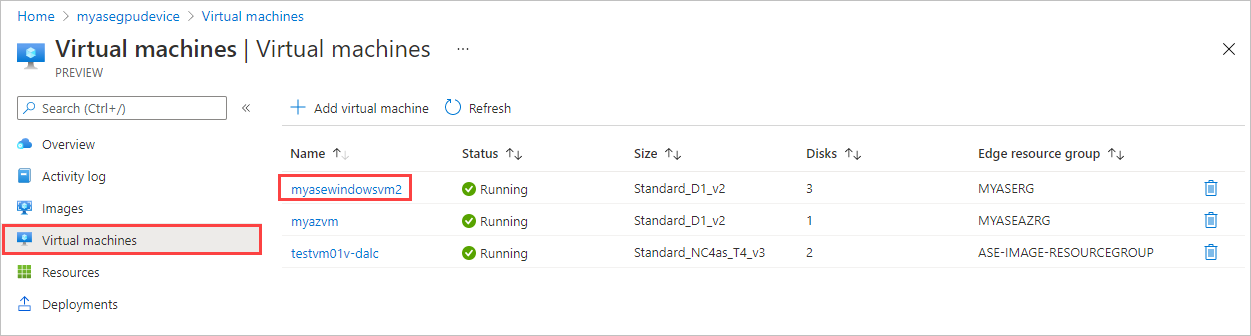 Azure Stack Edge 裝置的 [虛擬機] 檢視螢幕快照，其中 VM 清單中已醒目提示虛擬機。