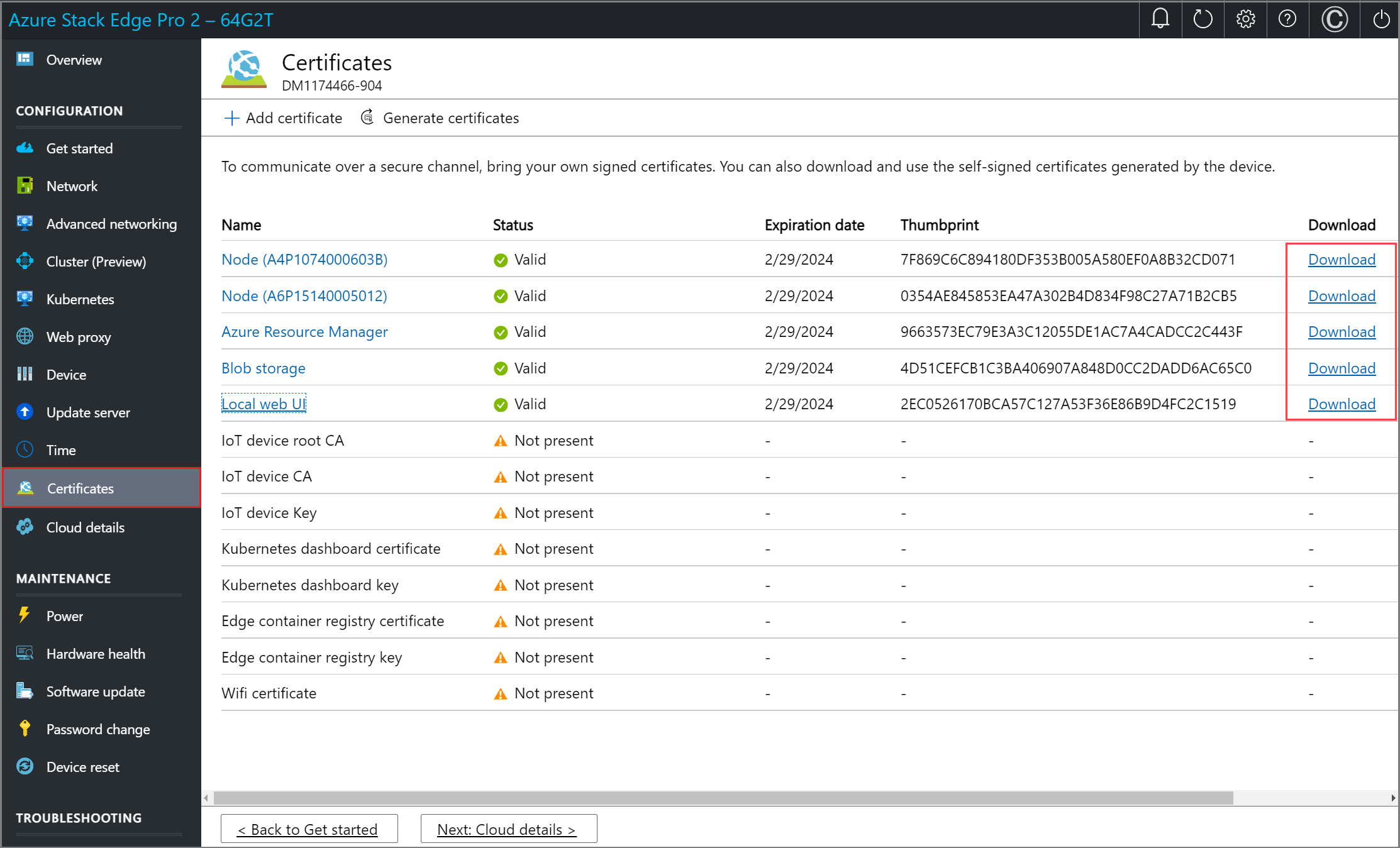 Screenshot of the Certificates page on an Azure Stack Edge device. The download links for generated certificates are highlighted.