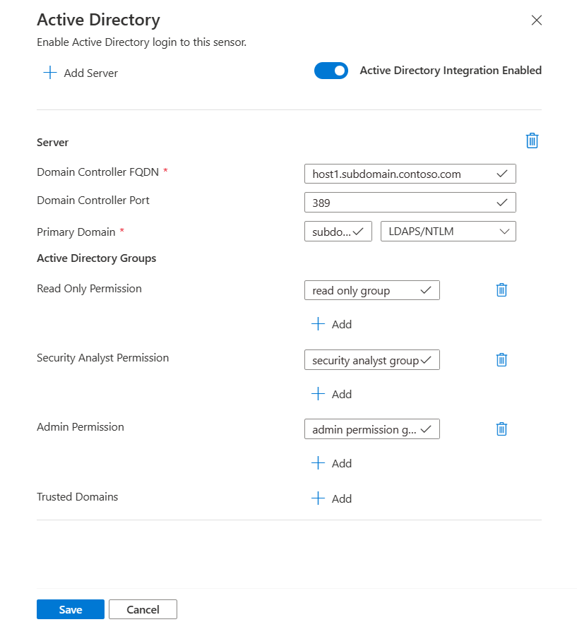 感應器上的 Active Directory 整合設定的螢幕擷取畫面。