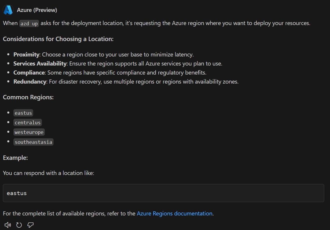 此螢幕快照顯示 GitHub Copilot for Azure 的回應，其中包含說明 Azure 位置是什麼以及如何選擇的答案。