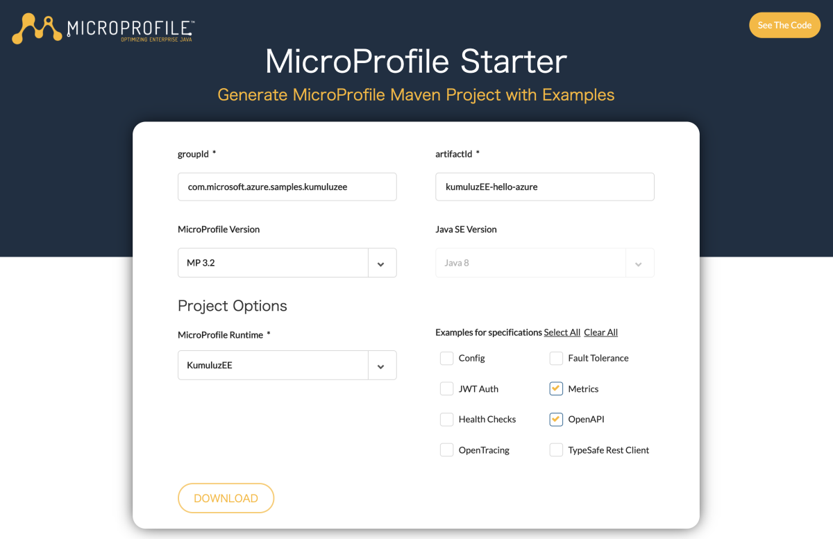 此螢幕快照顯示已選取 KumuluzEE 執行時間的 MicroProfile Starter。