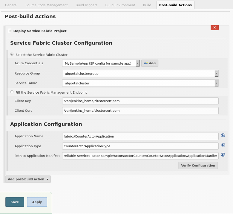 Service Fabric Jenkins 建置後動作 - 設定 Azure 認證