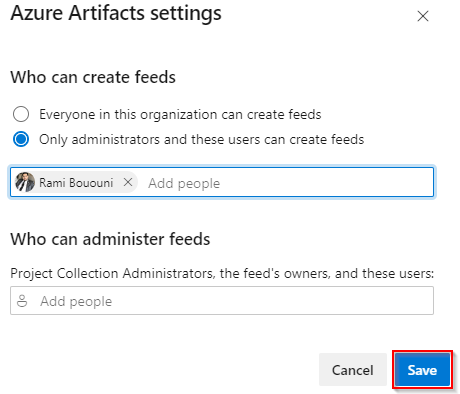 顯示如何設定 Azure Artifacts 設定的螢幕快照。