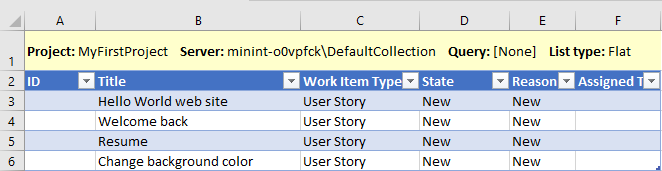 將工作專案新增至 Excel 的螢幕快照。