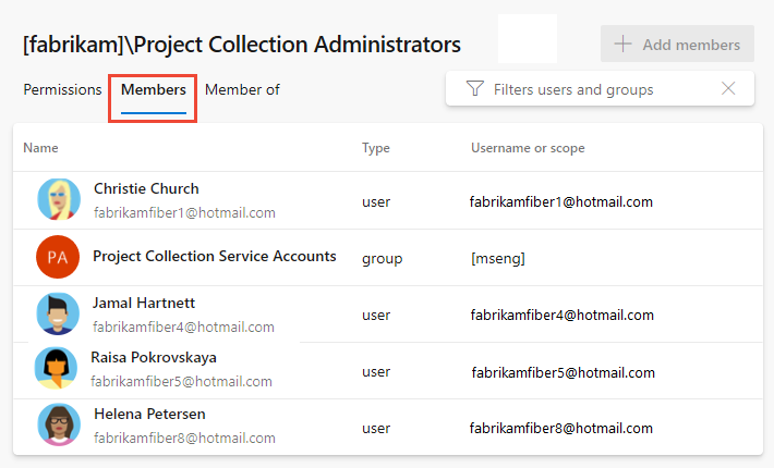 此螢幕快照顯示 [專案集合管理員] 群組 [許可權] 中的 [成員] 索引標籤。