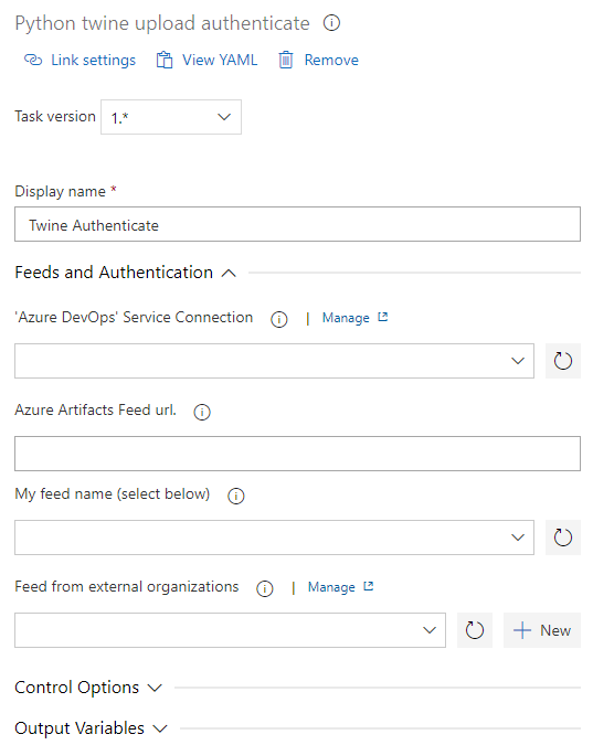 一張螢幕快照顯示如何在 Azure Pipelines 中設定 Twine 上傳認證任務。