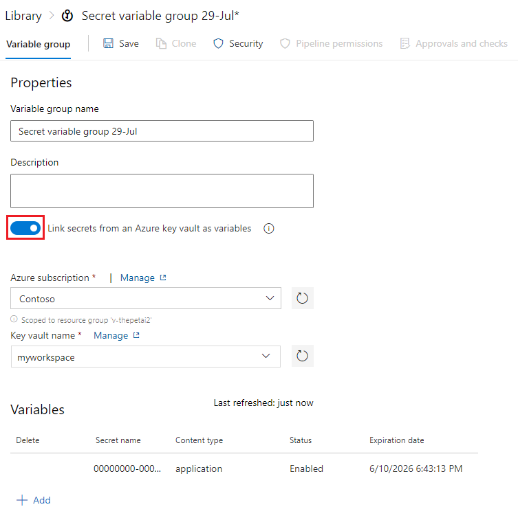 具有 Azure 金鑰保存庫整合之變數群組的螢幕快照。