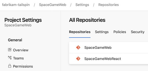 SpaceGameWeb 存放庫結構的螢幕快照。