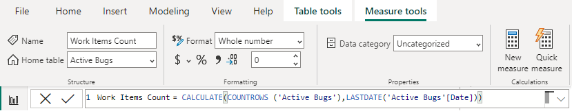 Power BI 量值工具索引標籤[工作項目計數] 語法的螢幕快照。