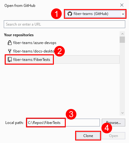 Visual Studio 中 [從 GitHub 開啟] 視窗的螢幕快照。