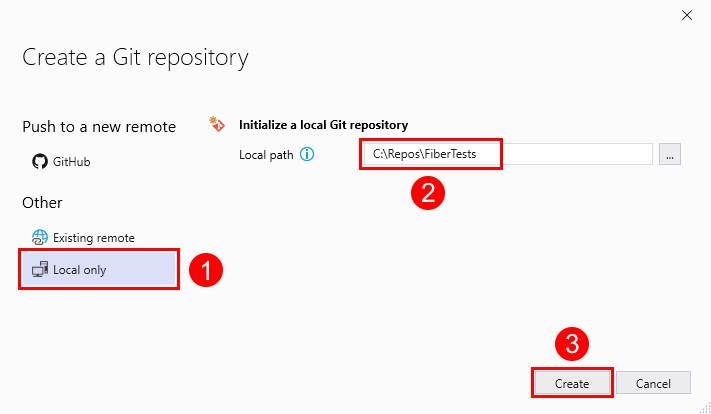 [建立 Git 存放庫] 視窗的螢幕快照，其中已選取 Visual Studio 2019 中 [僅限本機] 選項。