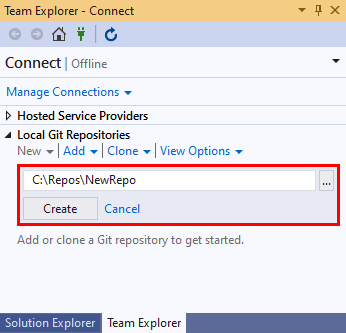 Visual Studio 2019 中 [Team Explorer] [連接] 檢視的 [本機 Git 存放庫] 區段中新存放庫路徑和 [建立] 按鈕的螢幕快照。