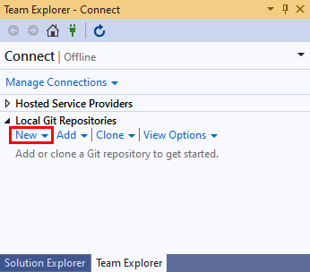 Visual Studio 2019 中 [Team Explorer] 之 [連接] 檢視的 [本機 Git 存放庫] 區段中新存放庫選項的螢幕快照。