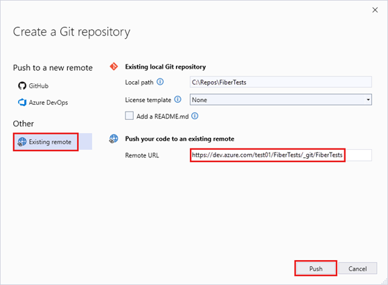 Visual Studio 2022 中具有空白 Azure 存放庫 URL 的 [建立 Git 存放庫] 視窗螢幕快照。