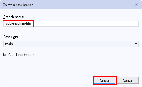 Visual Studio 中 [建立新分支] 視窗的螢幕快照。