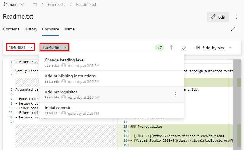 Azure DevOps 存放庫頁面上 [檔案比較] 檢視中 [比較] 選項的螢幕快照。