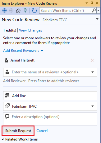 [提交要求] 按鈕的螢幕快照，並在 Team Explorer 中填寫 [新增程式代碼檢閱] 頁面。