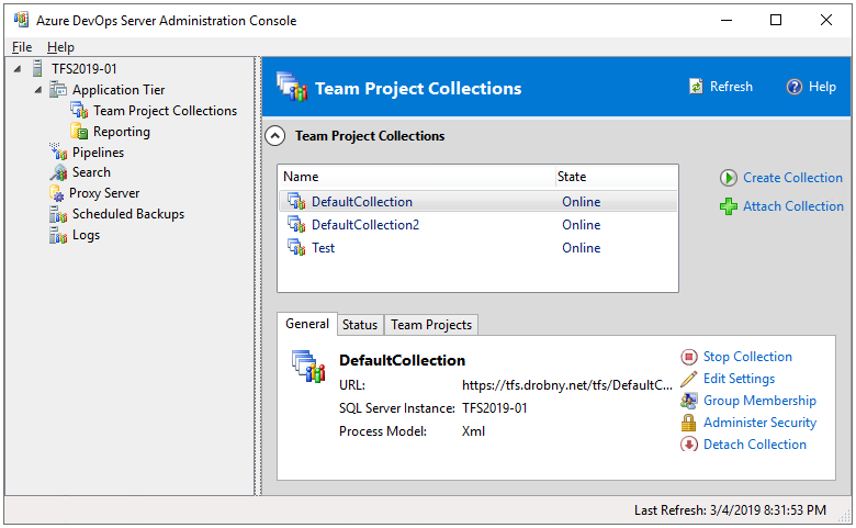 管理控制台、Team Project Collections 節點、Azure DevOps Server 2019-2020 的螢幕快照。