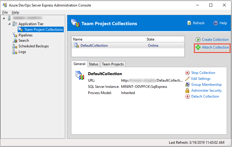 Azure DevOps Server 管理控制台、Team Project Collections