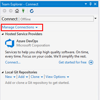 Team Explorer、Connect 選項的螢幕快照。