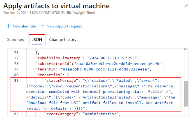 顯示如何檢視失敗成品 [活動記錄] 項目之 JSON 詳細資料的螢幕擷取畫面。