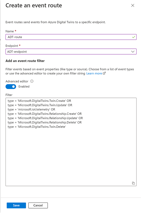 在 Azure 入口網站中建立具有進階篩選的事件路由螢幕擷取畫面。