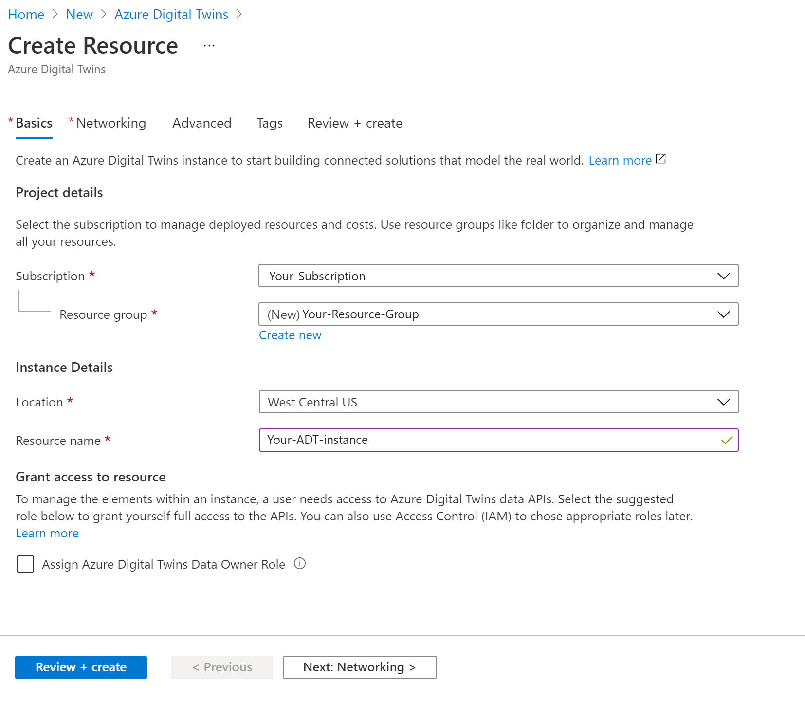 Azure 入口網站中 Azure Digital Twins 建立資來源程序的螢幕擷取畫面。會填入描述的值。