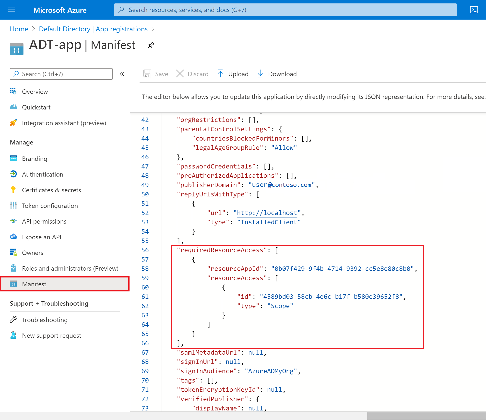 Azure 入口網站中 Microsoft Entra 應用程式註冊資訊清單的螢幕擷取畫面。