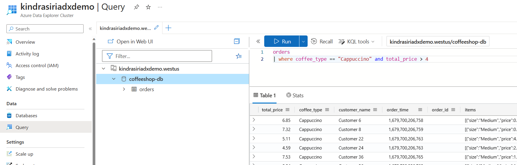 顯示 Azure 資料總管查詢和輸出的圖表。