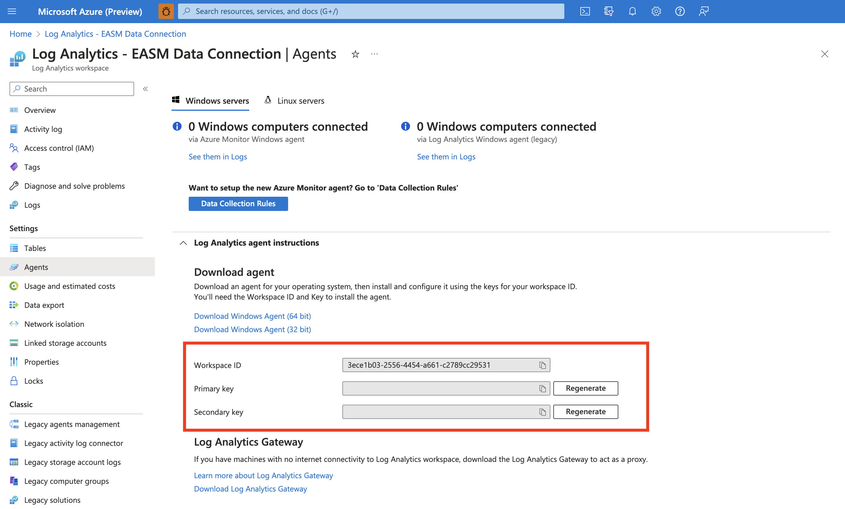 顯示 Log Analytics 代理程式的螢幕擷取畫面。