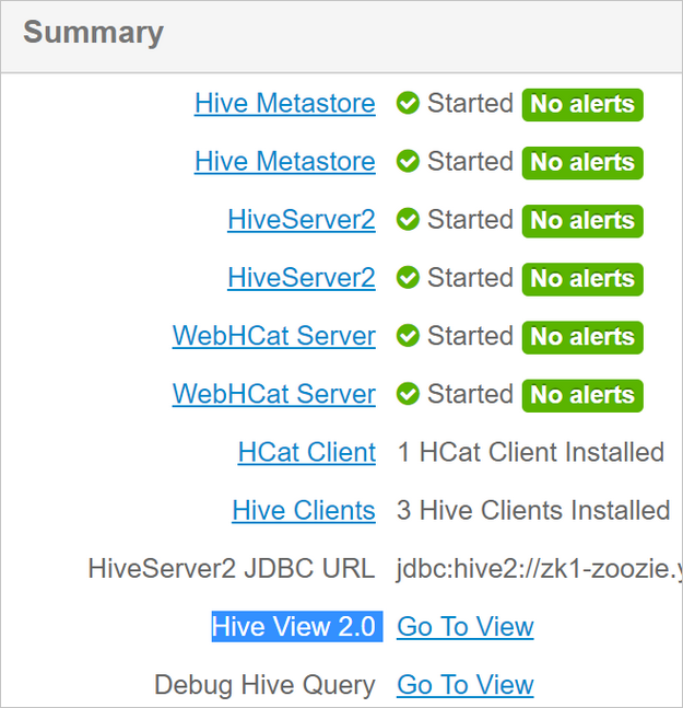 Ambari Apache Hive 摘要清單。