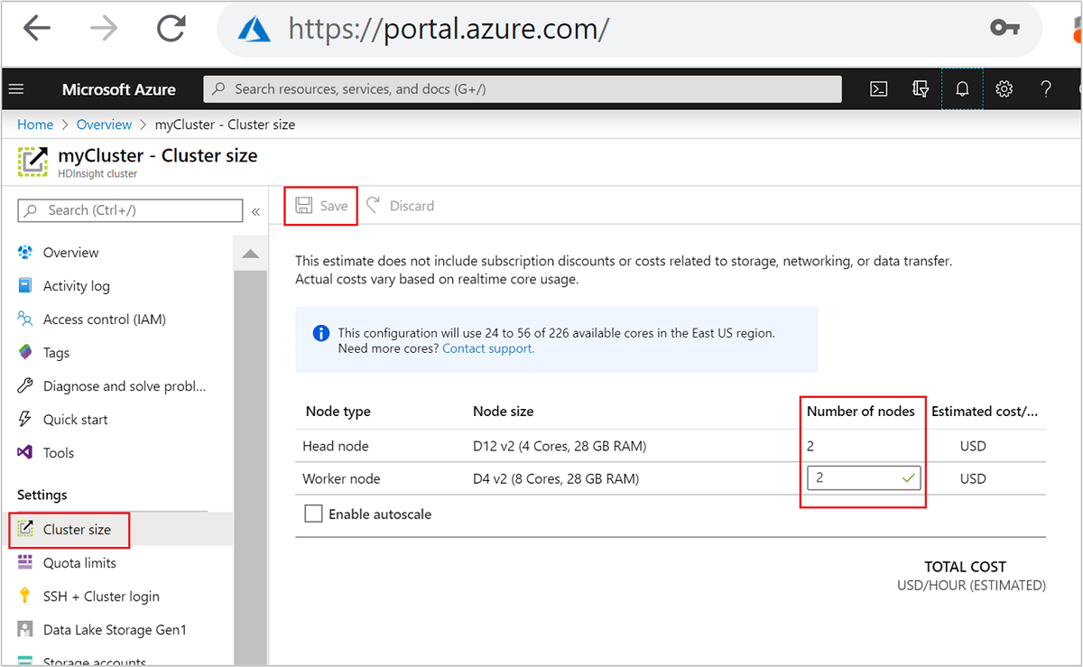 Azure 入口網站調整叢集選項。