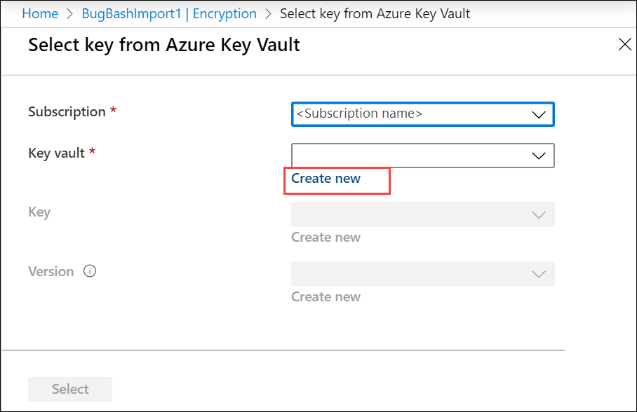 [從 Azure 金鑰保存庫 選取金鑰] 畫面的螢幕快照。金鑰保存庫的 [新建] 連結會反白顯示。